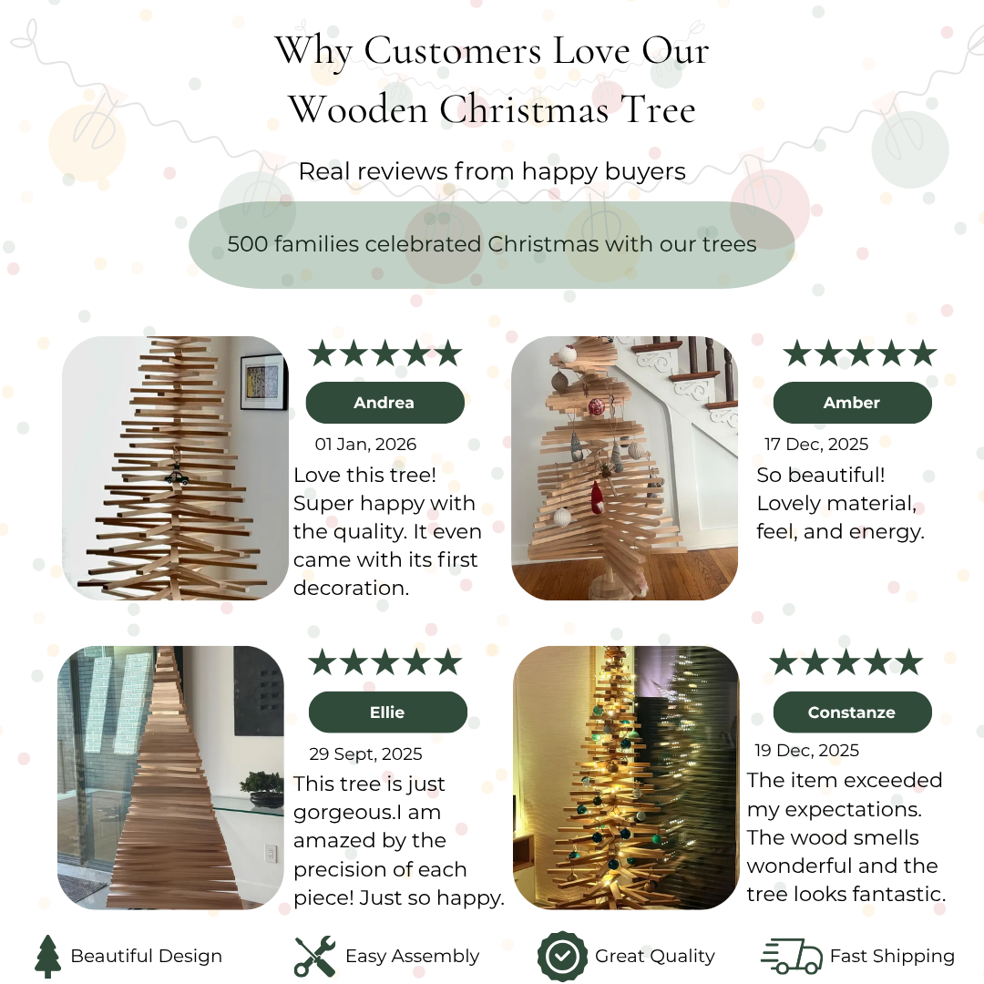Handmade wooden Christmas tree with rotating branches and natural wood design