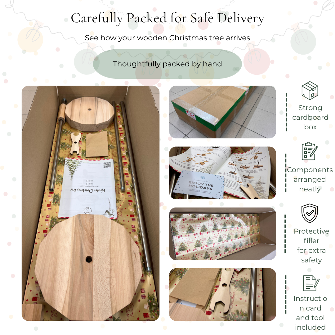 Handmade wooden Christmas tree with rotating branches and natural wood design