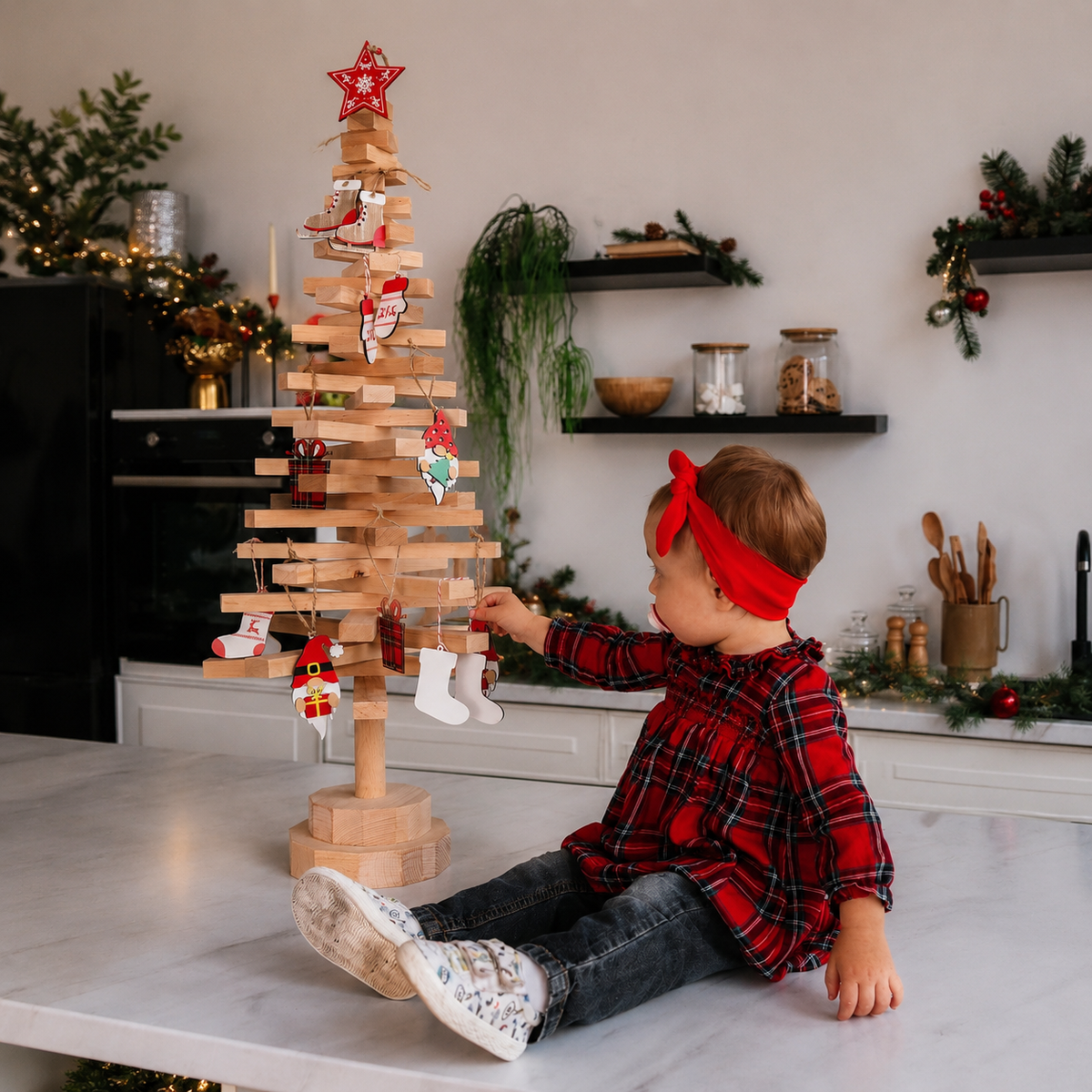 Handmade wooden Christmas tree with rotating branches and natural wood design