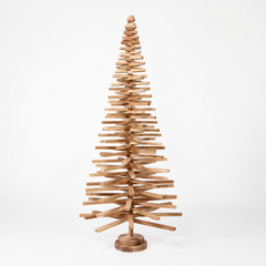 Handmade wooden Christmas tree with rotating branches and natural wood design