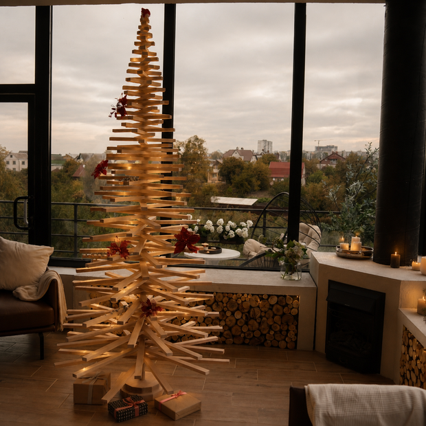 Handmade wooden Christmas tree with rotating branches and natural wood design