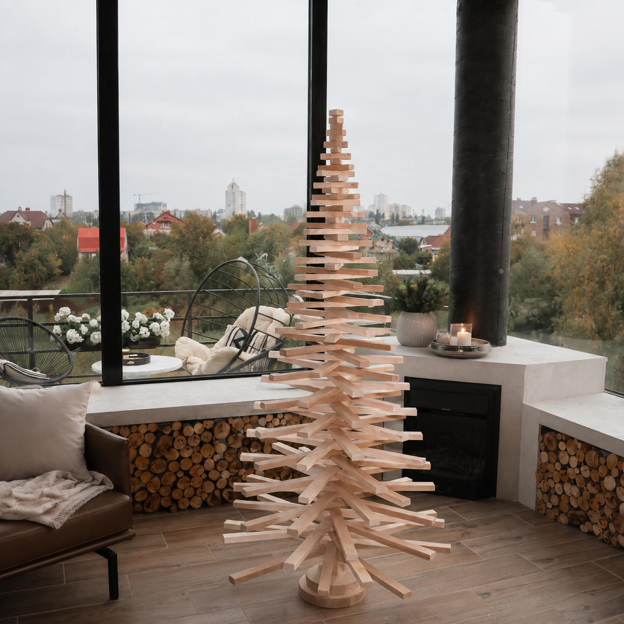 Handmade wooden Christmas tree with rotating branches and natural wood design