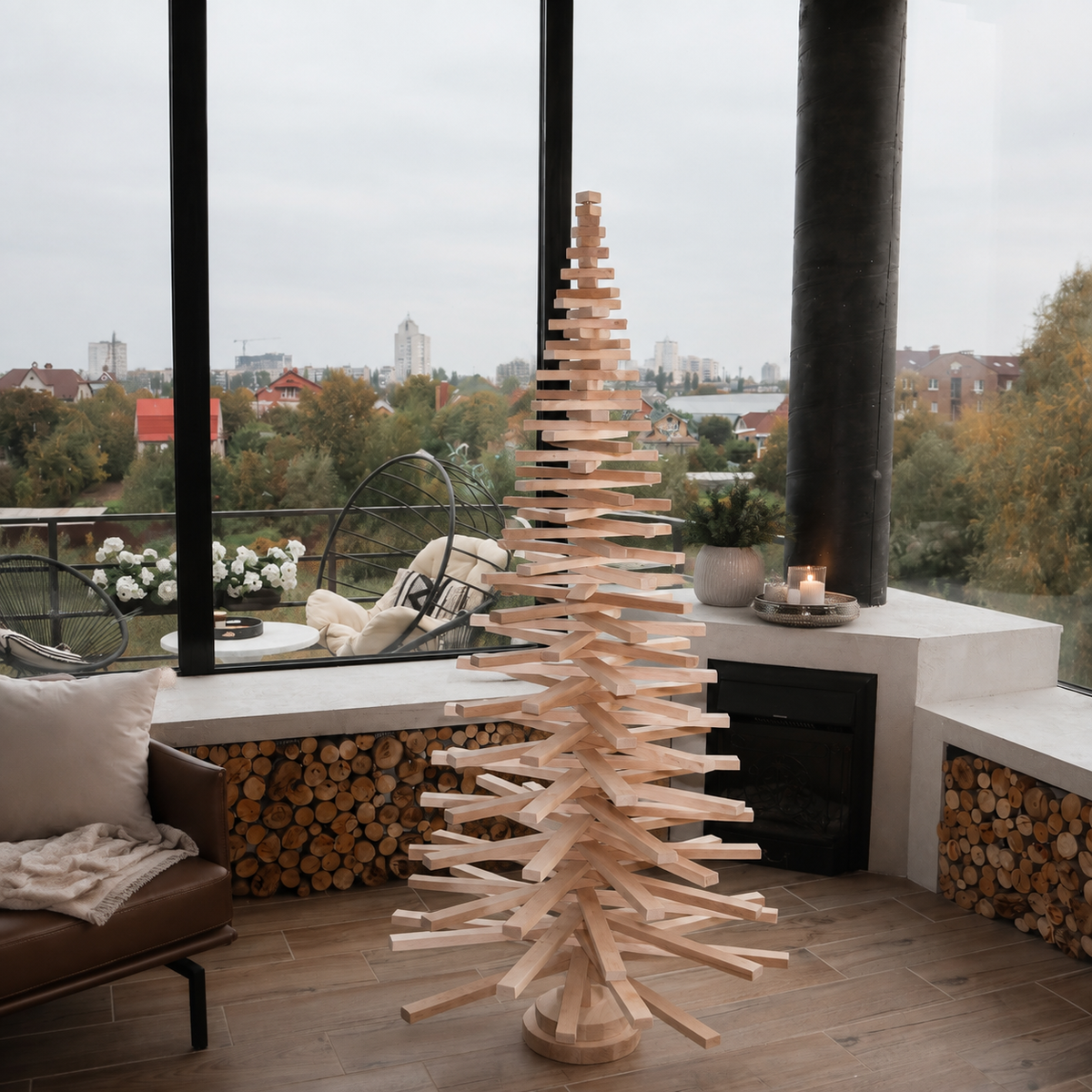 Handmade wooden Christmas tree with rotating branches and natural wood design