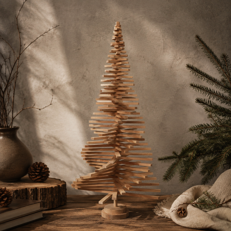 A decorative spiral wooden Christmas tree made from layered rectangular wood pieces on a round base, styled on a rustic wooden surface with pine branches, a vase, books, and a soft textile against a textured wall.