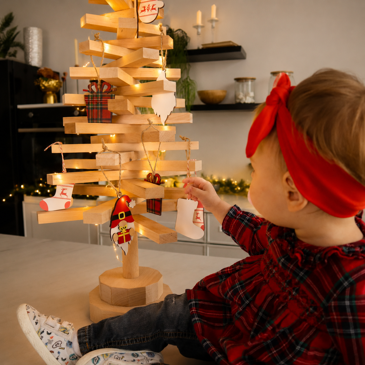 Handmade wooden Christmas tree with rotating branches and natural wood design
