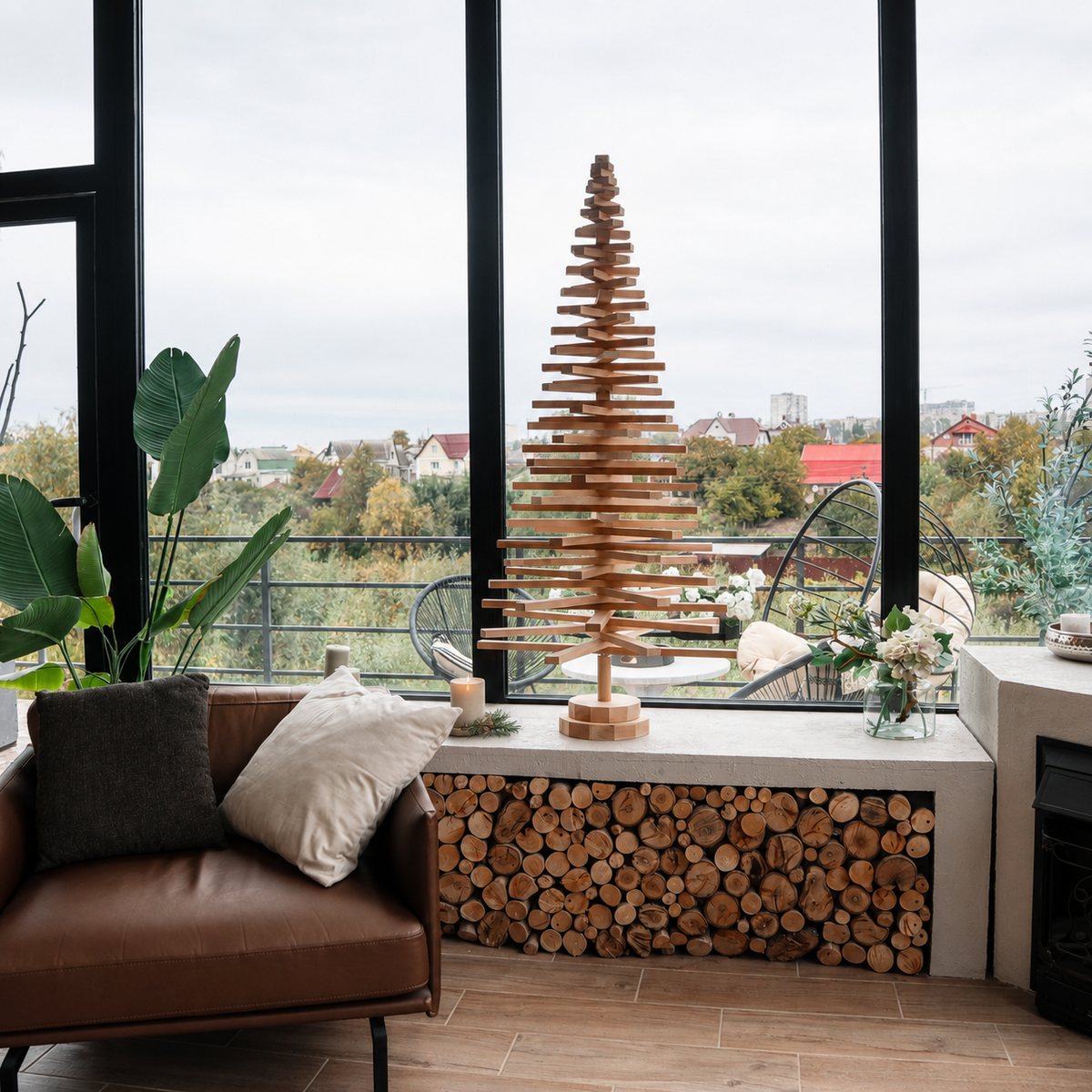 Handmade wooden Christmas tree with rotating branches and natural wood design