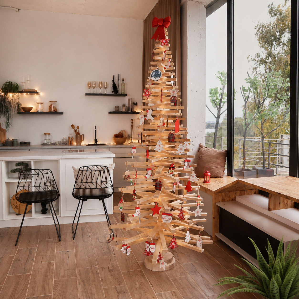 Handmade wooden Christmas tree with rotating branches and natural wood design