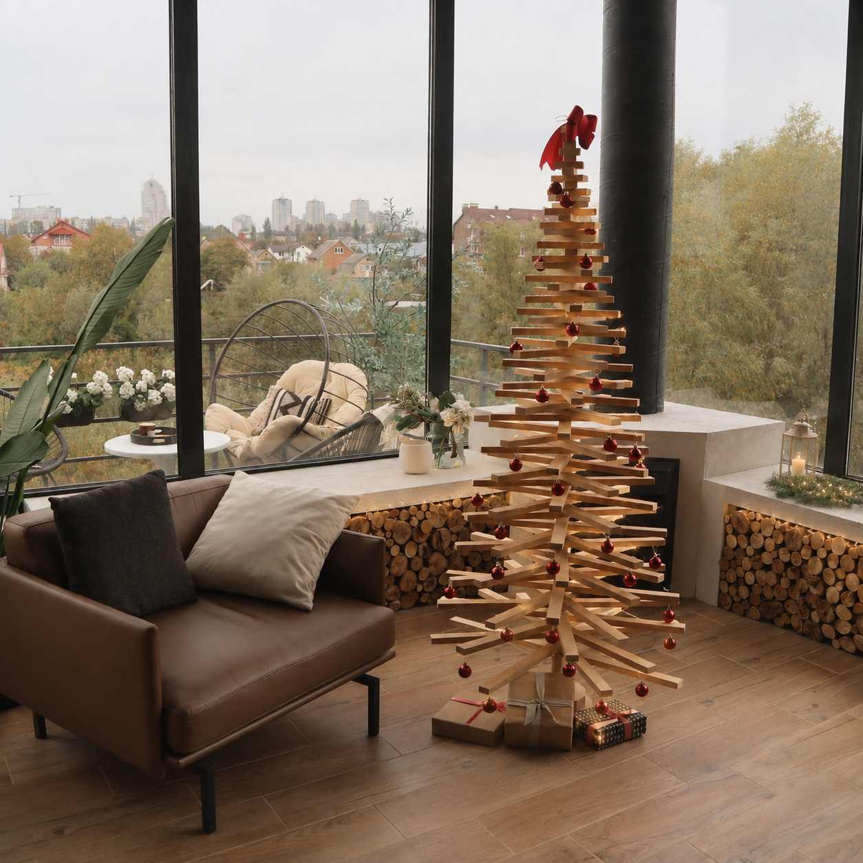 Handmade wooden Christmas tree with rotating branches and natural wood design