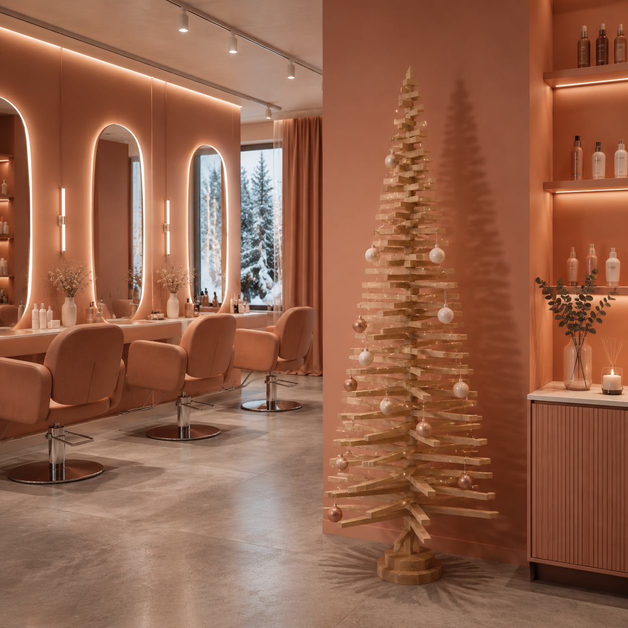 Handmade wooden Christmas tree with rotating branches and natural wood design