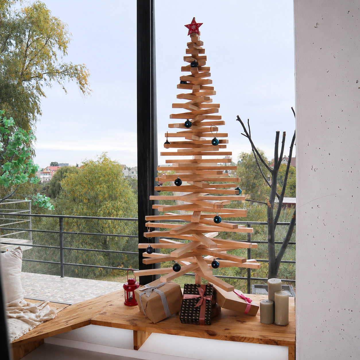 Handmade wooden Christmas tree with rotating branches and natural wood design