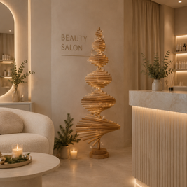 Handmade wooden Christmas tree with rotating branches and natural wood design