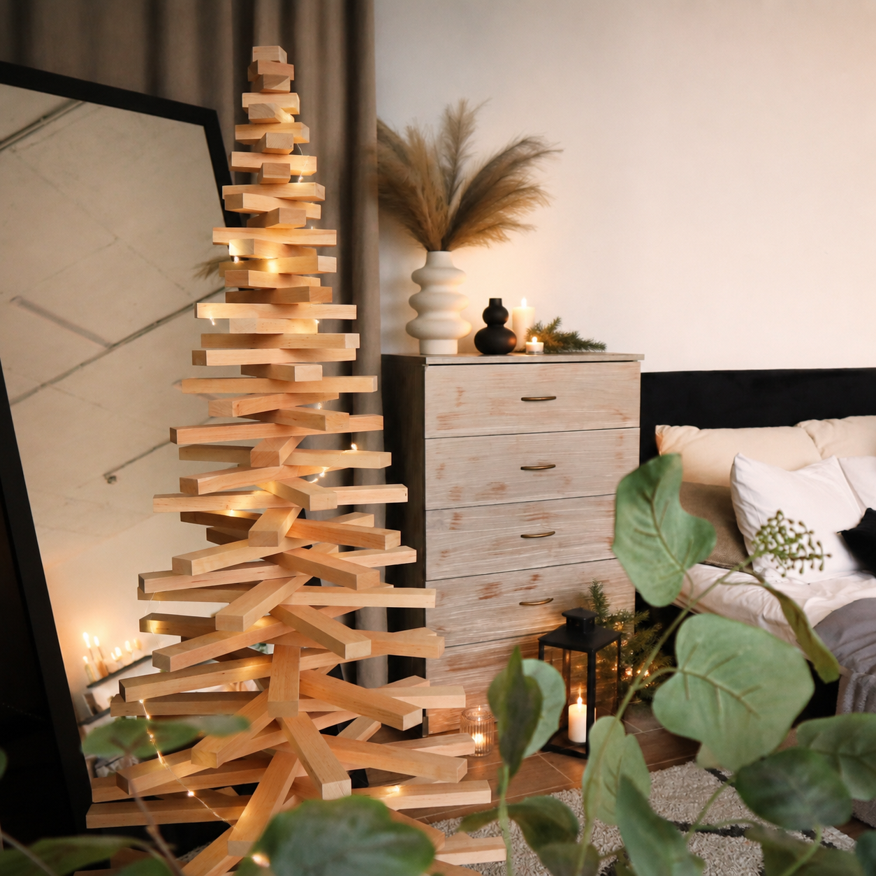 Handmade wooden Christmas tree with rotating branches and natural wood design