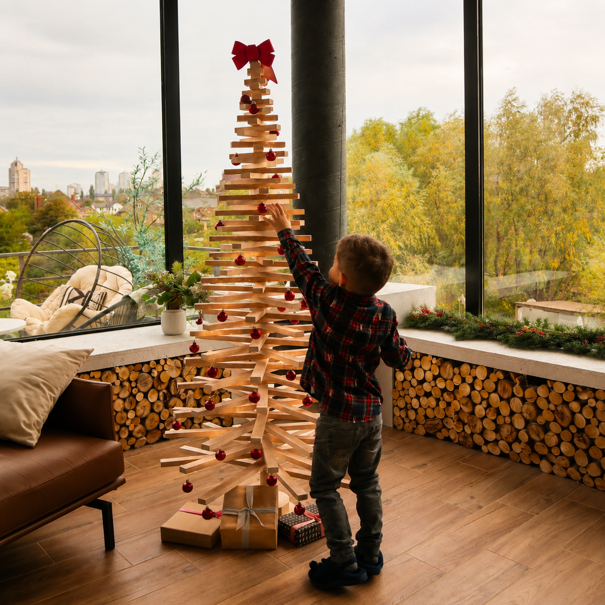 Handmade wooden Christmas tree with rotating branches and natural wood design