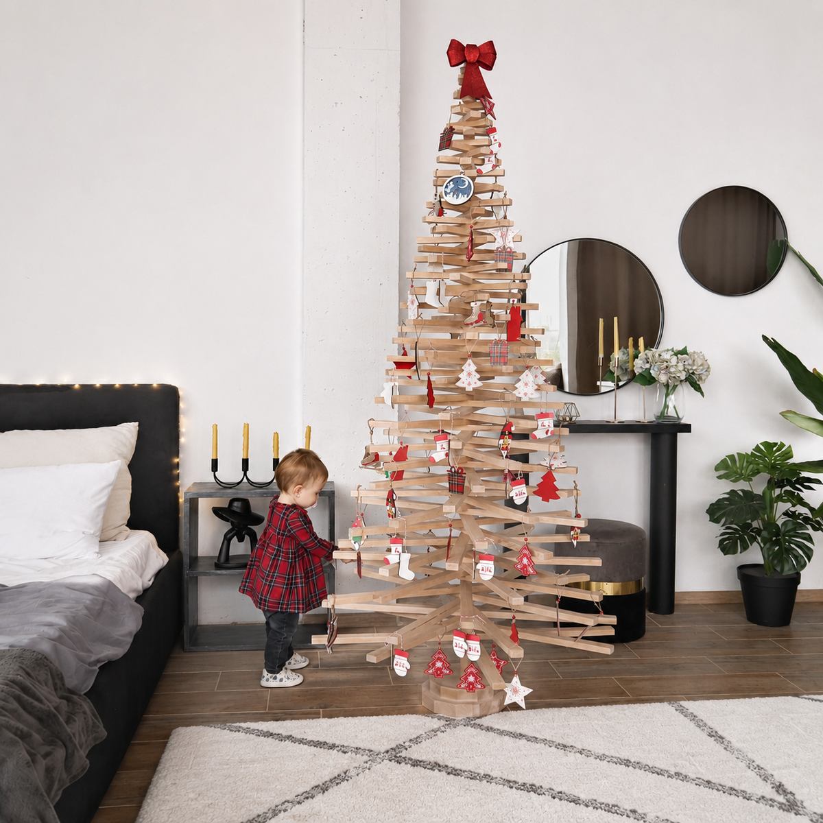 Handmade wooden Christmas tree with rotating branches and natural wood design