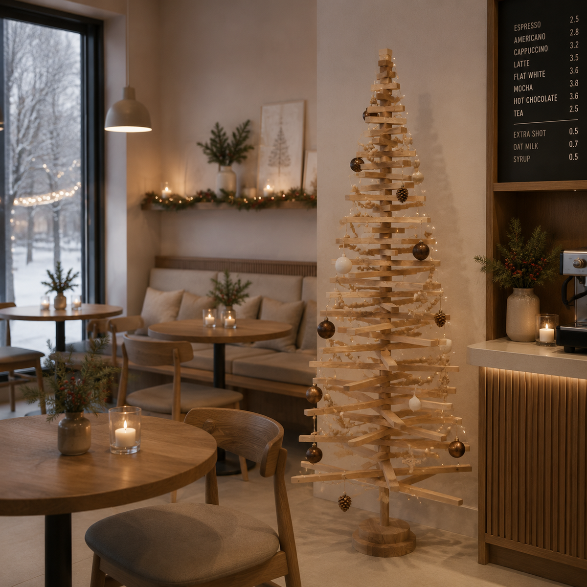 Handmade wooden Christmas tree with rotating branches and natural wood design