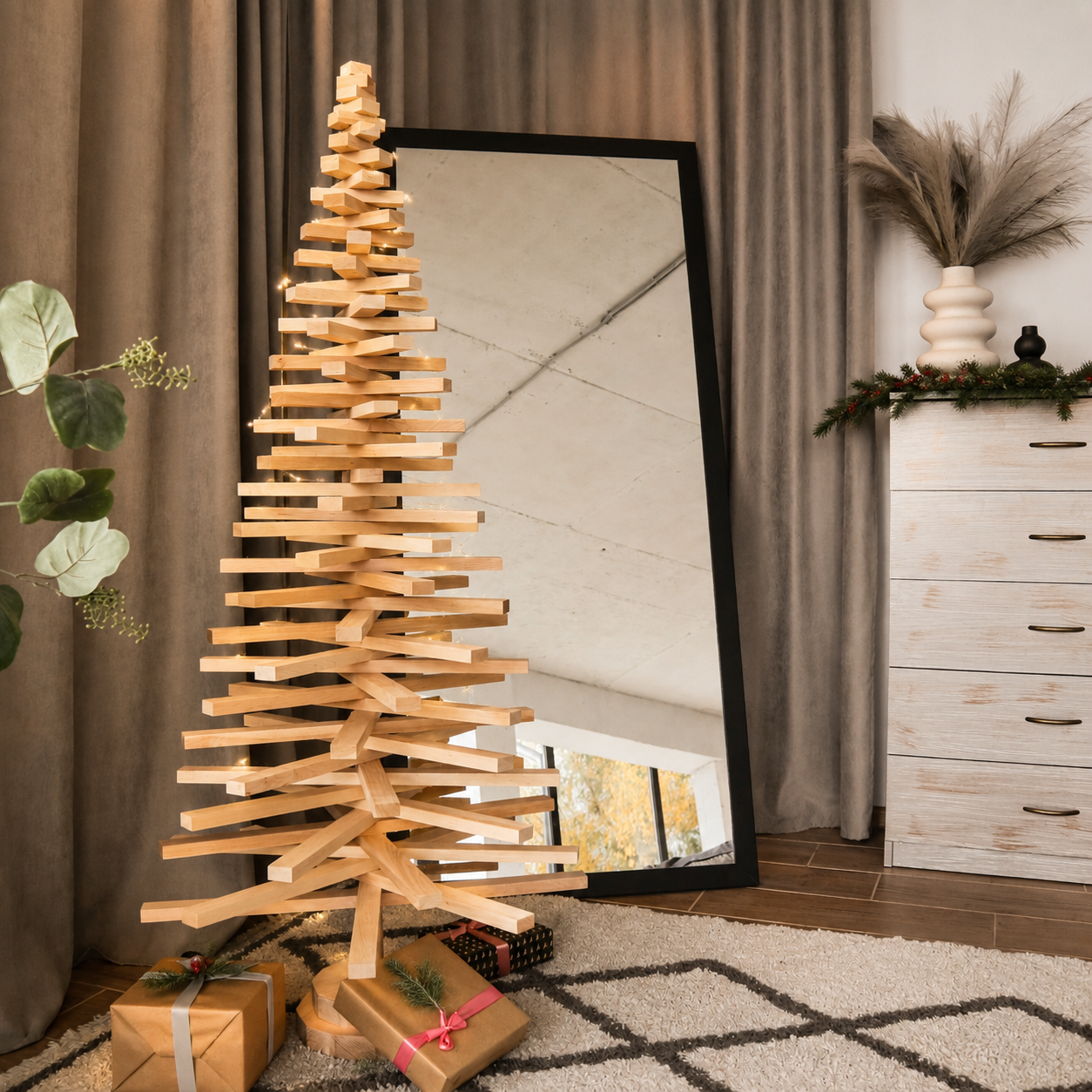 Handmade wooden Christmas tree with rotating branches and natural wood design
