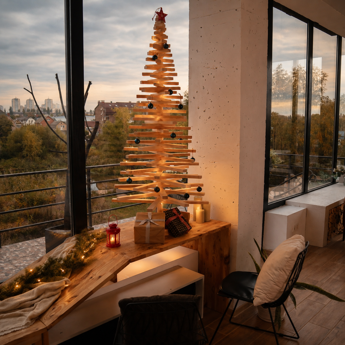 Handmade wooden Christmas tree with rotating branches and natural wood design