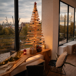 Handmade wooden Christmas tree with rotating branches and natural wood design