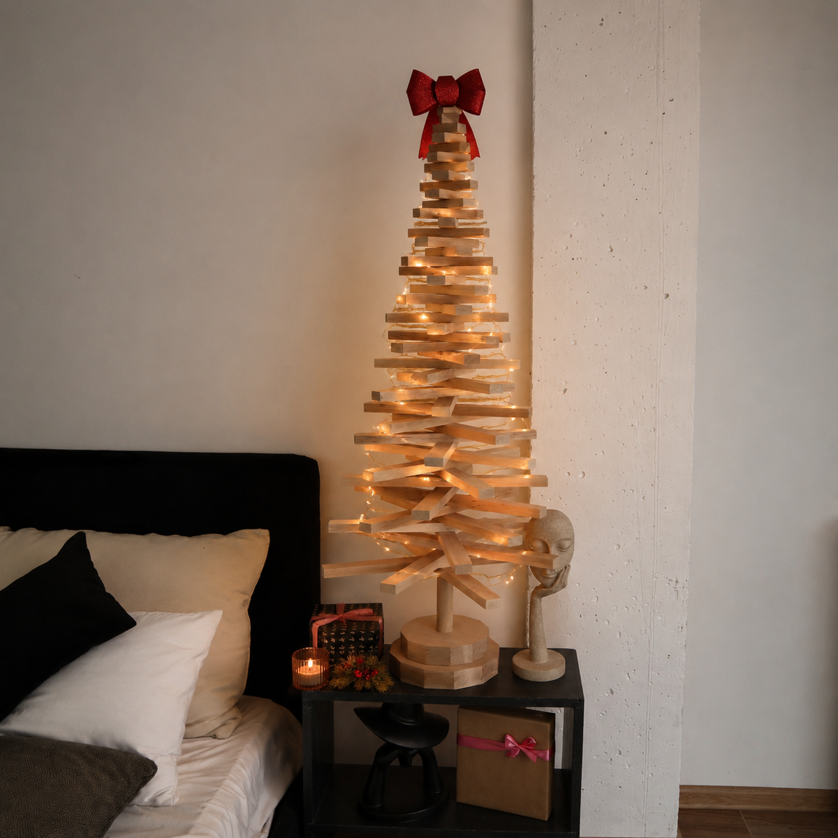 Handmade wooden Christmas tree with rotating branches and natural wood design