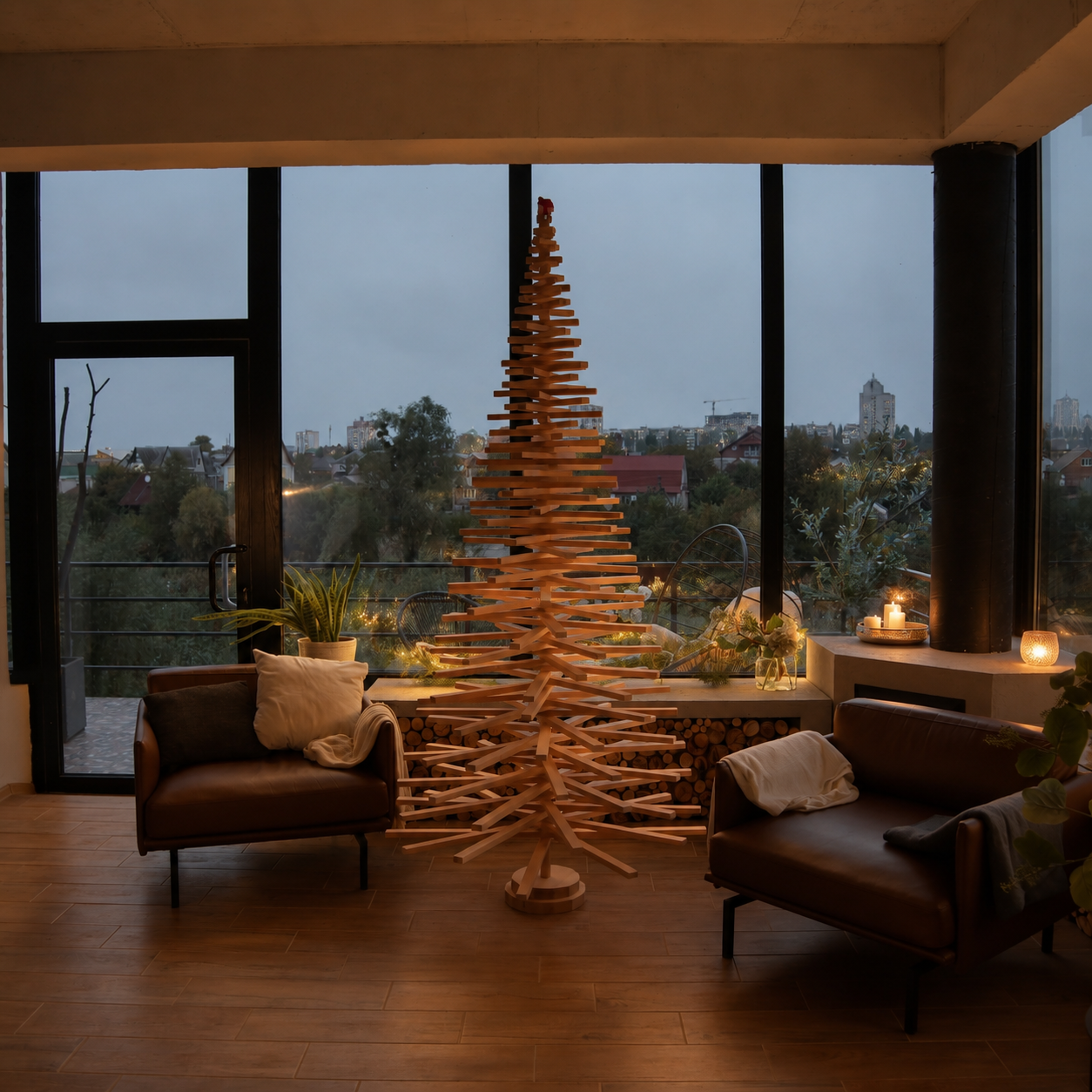 Handmade wooden Christmas tree with rotating branches and natural wood design