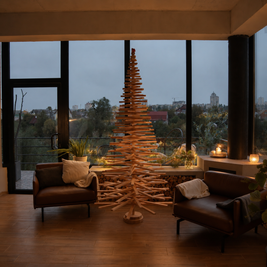Handmade wooden Christmas tree with rotating branches and natural wood design
