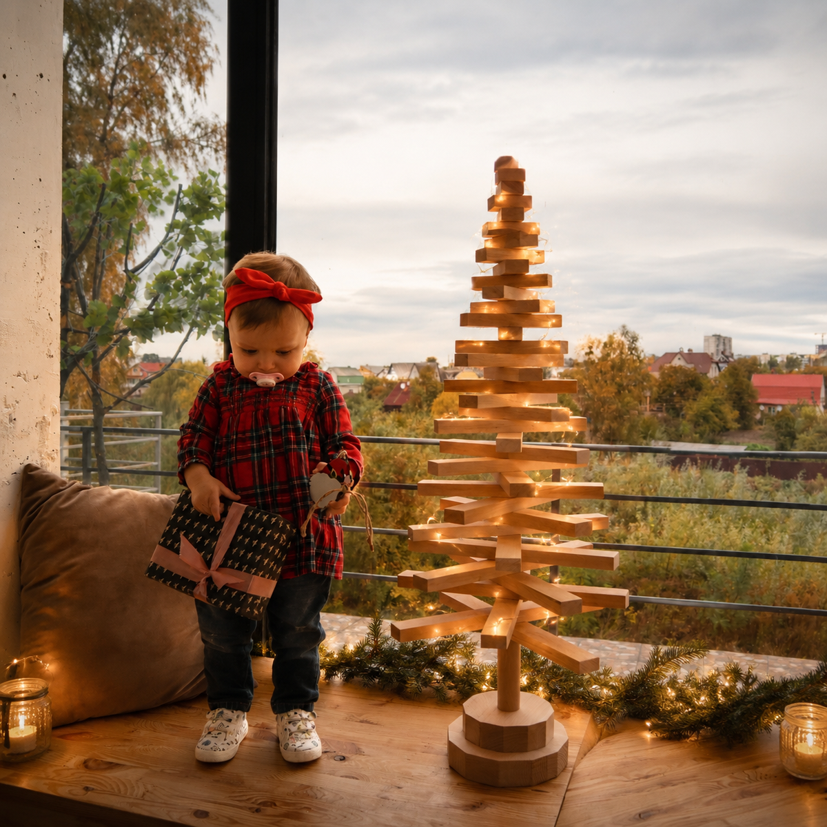 Handmade wooden Christmas tree with rotating branches and natural wood design