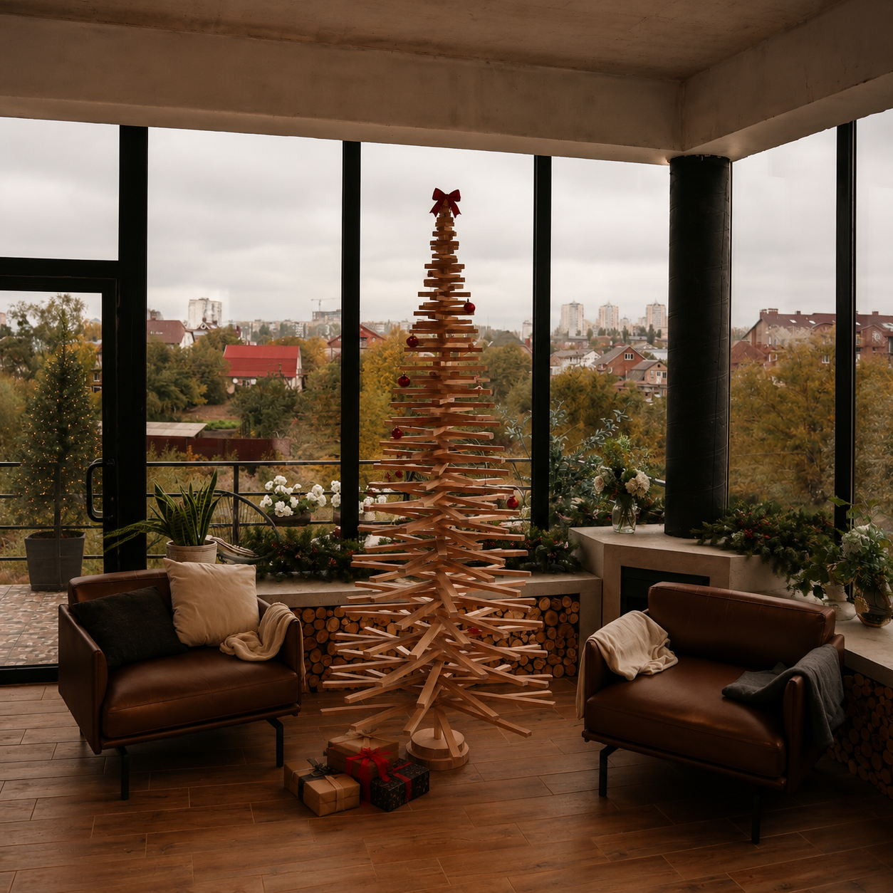 Handmade wooden Christmas tree with rotating branches and natural wood design