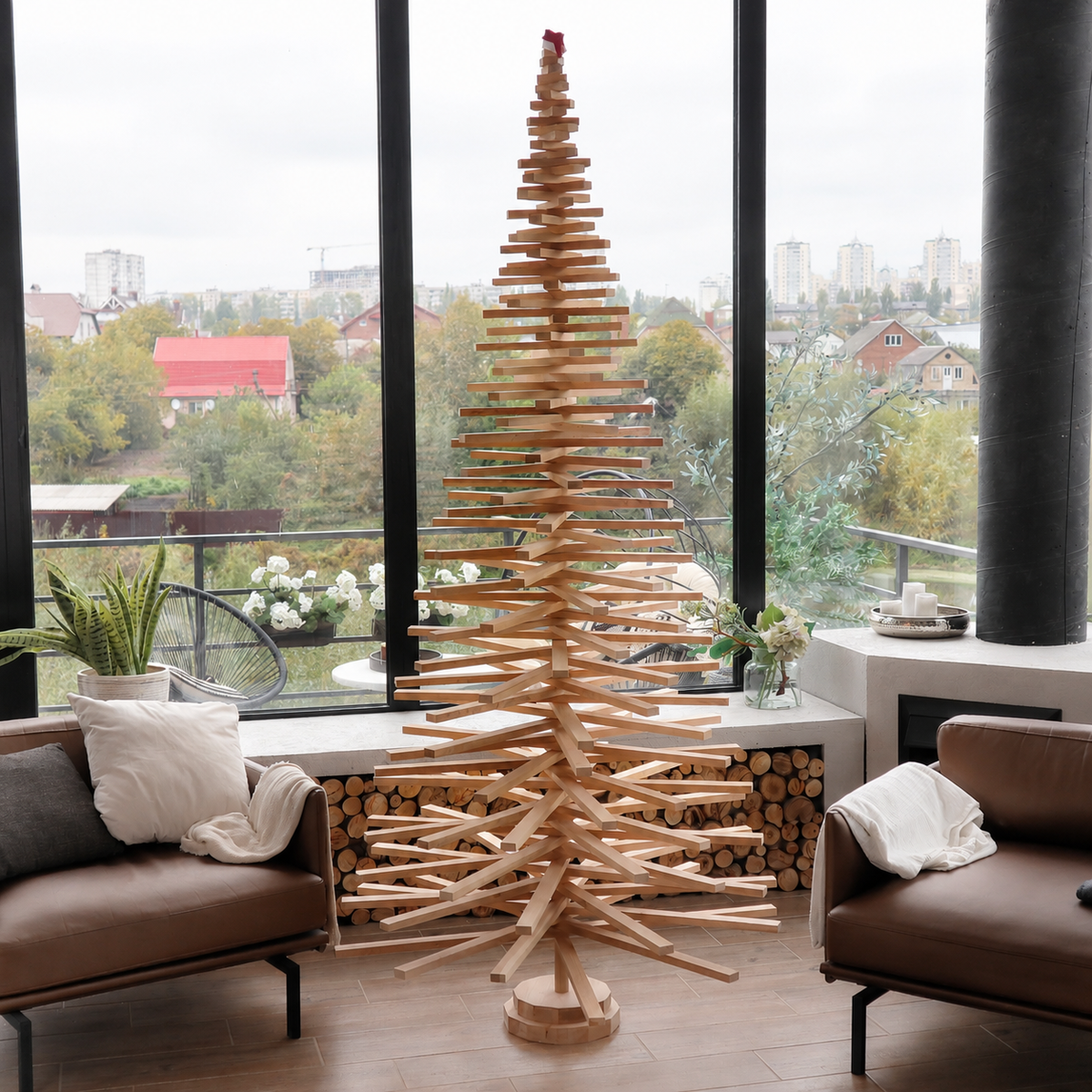 Handmade wooden Christmas tree with rotating branches and natural wood design