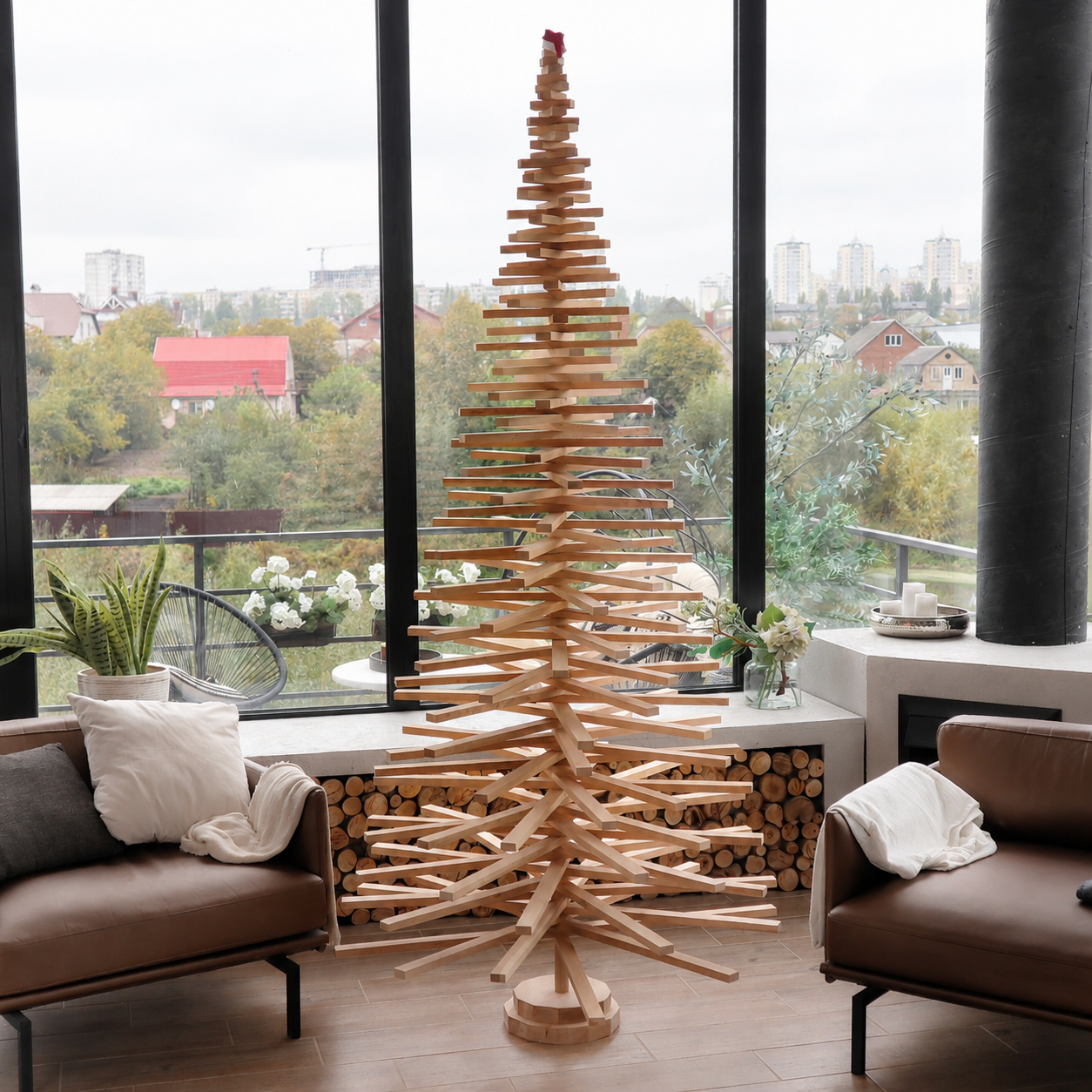 Handmade wooden Christmas tree with rotating branches and natural wood design