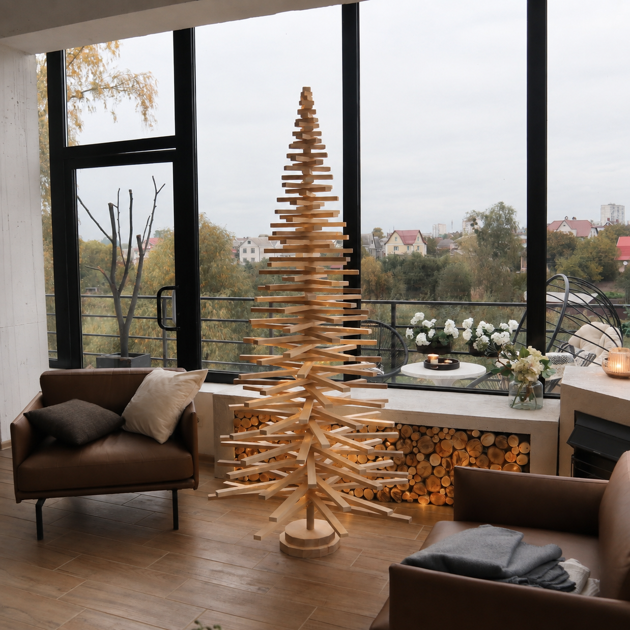 Handmade wooden Christmas tree with rotating branches and natural wood design