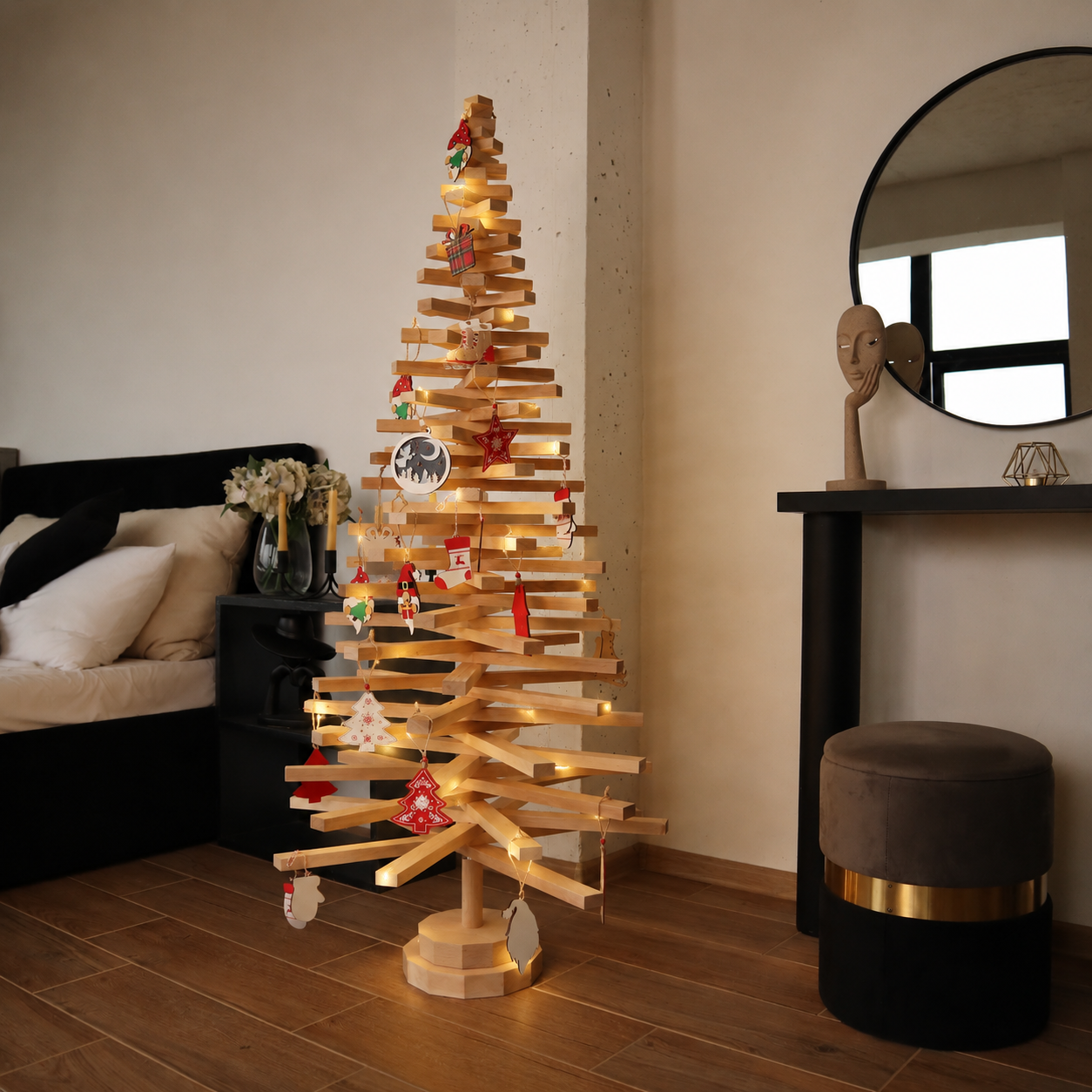 Handmade wooden Christmas tree with rotating branches and natural wood design