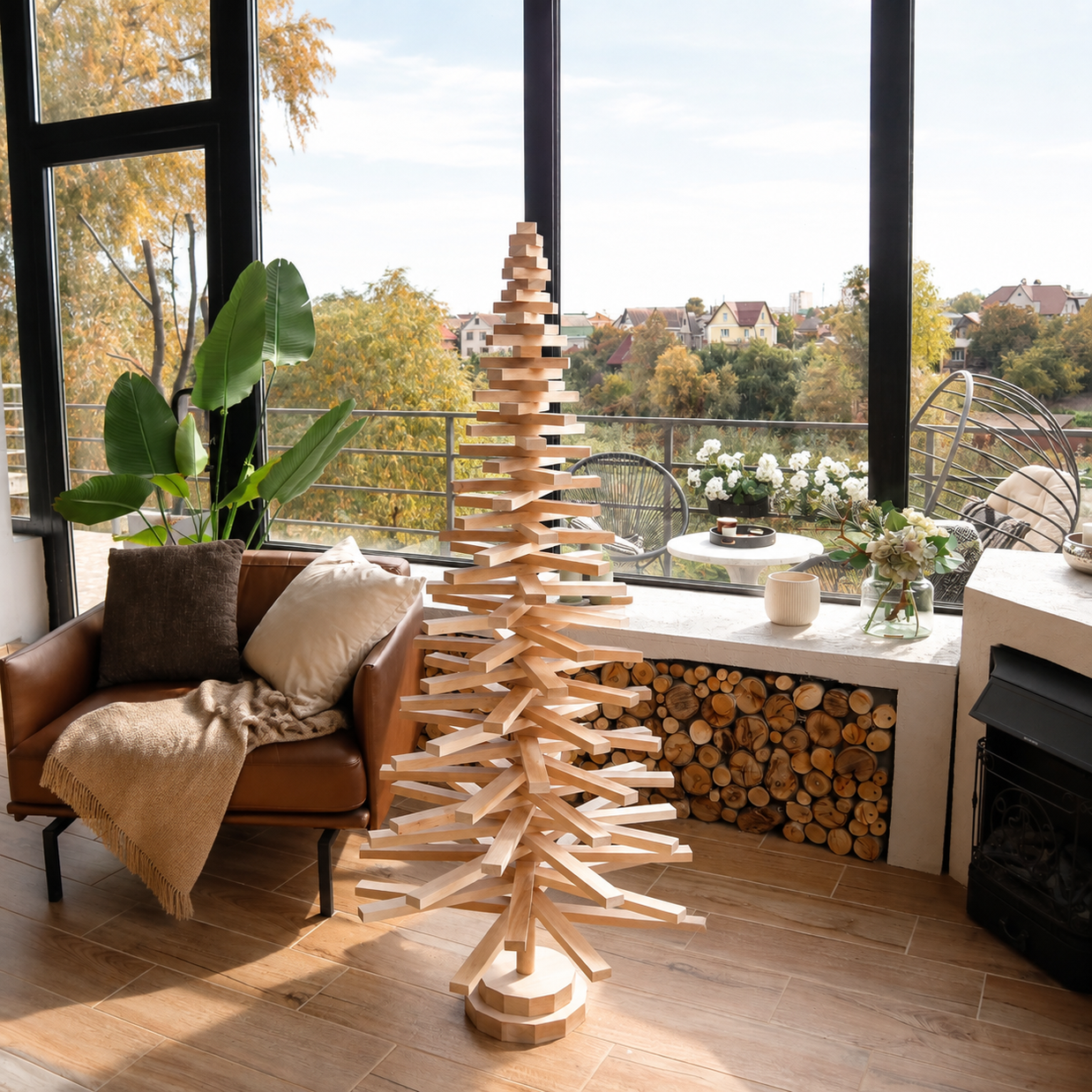 Handmade wooden Christmas tree with rotating branches and natural wood design