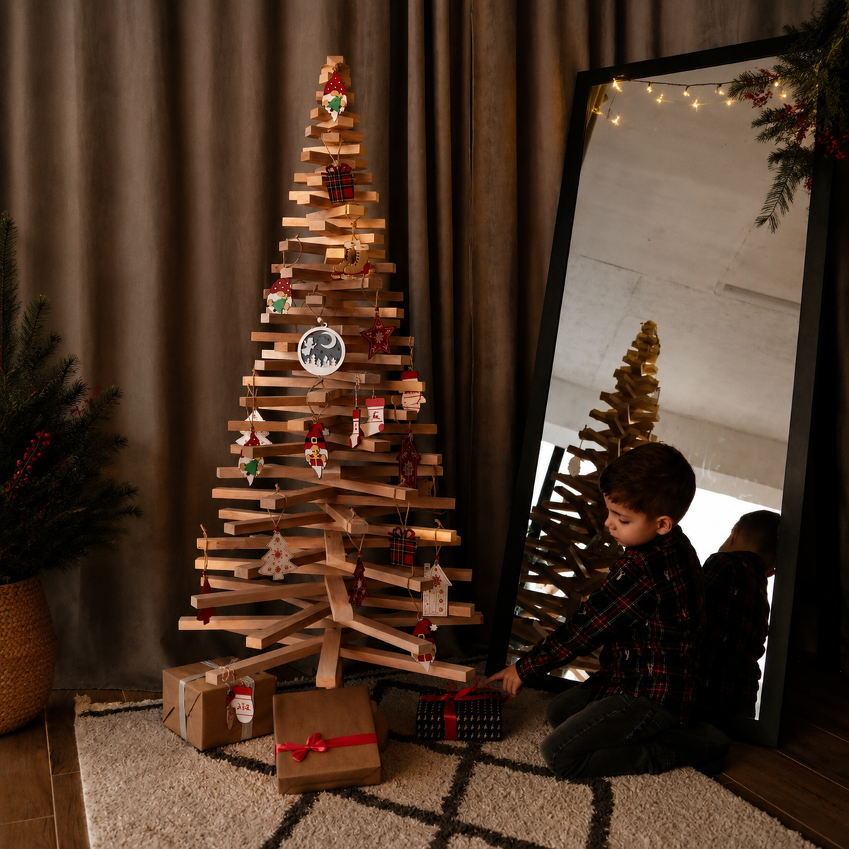 Handmade wooden Christmas tree with rotating branches and natural wood design