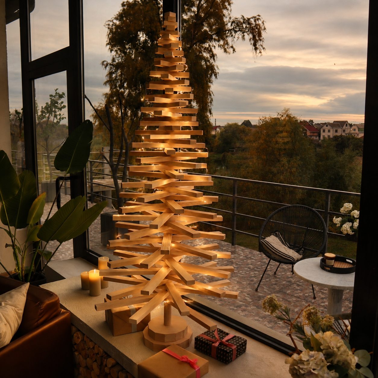 Handmade wooden Christmas tree with rotating branches and natural wood design