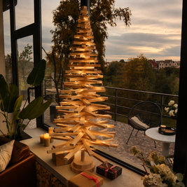Handmade wooden Christmas tree with rotating branches and natural wood design